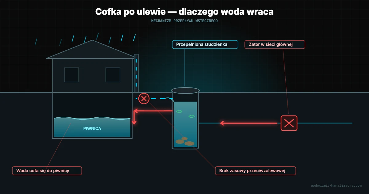 Mechanizm przepływu wstecznego — dom w przekroju z zalewaną piwnicą, przepełnioną studzienką na działce i zatorem w sieci głównej; strzałki pokazują kierunek cofki od sieci do piwnicy