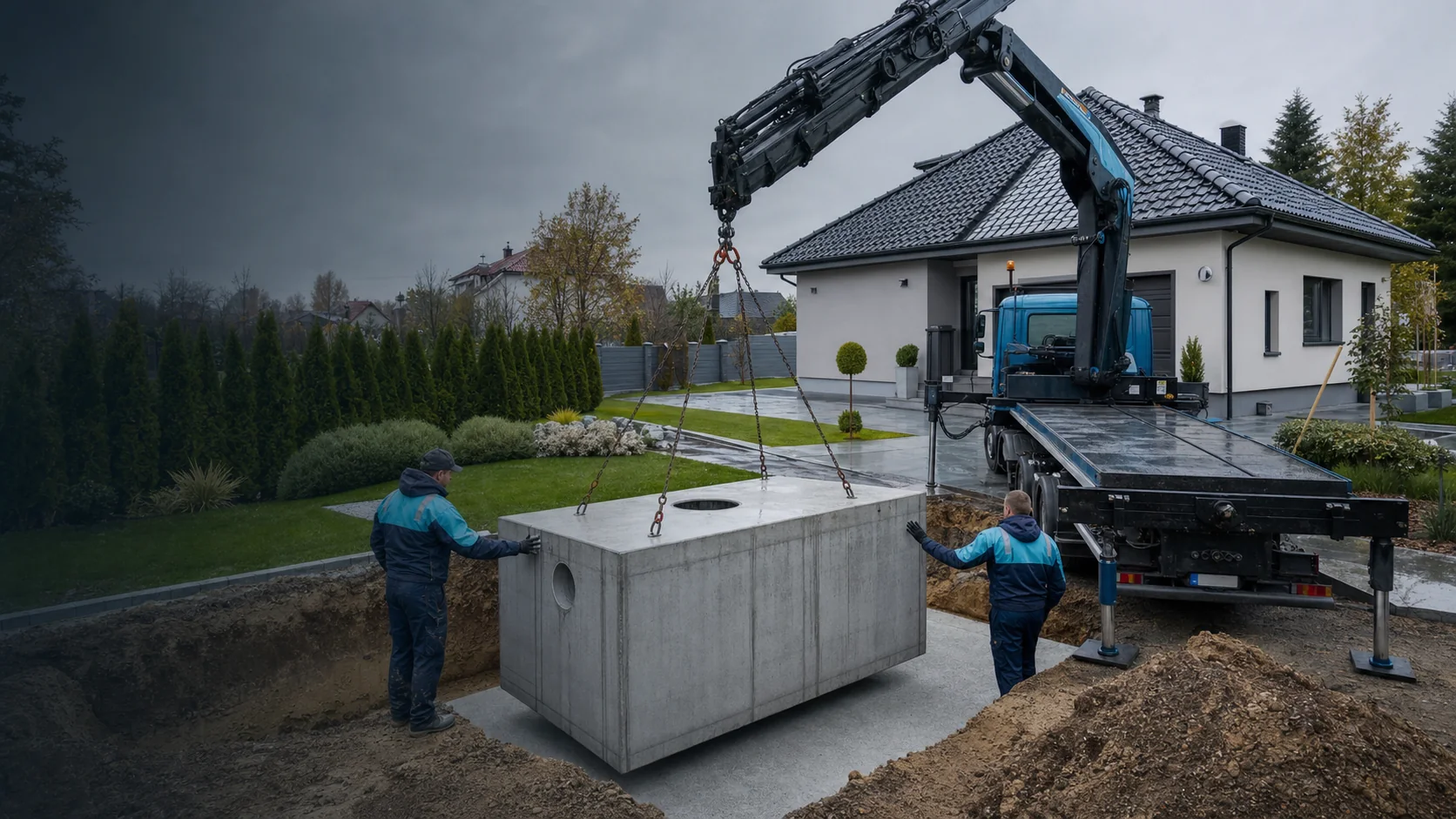 Montaż prefabrykowanego betonowego zbiornika retencyjnego przy domu