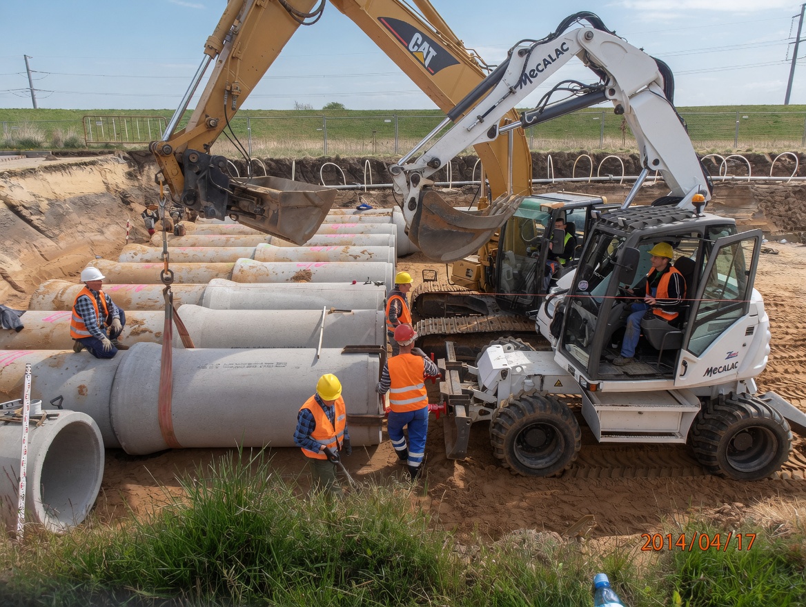 Montaż prefabrykowanych elementów betonowych przy użyciu koparek na budowie dużego układu retencyjnego